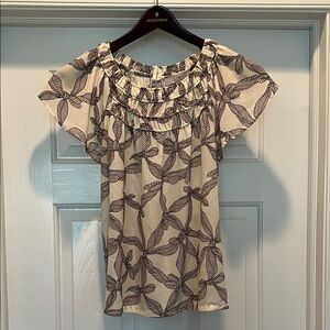 LOFT Cream Blouse XL with Black Leaf Print and Ruffled Yoke